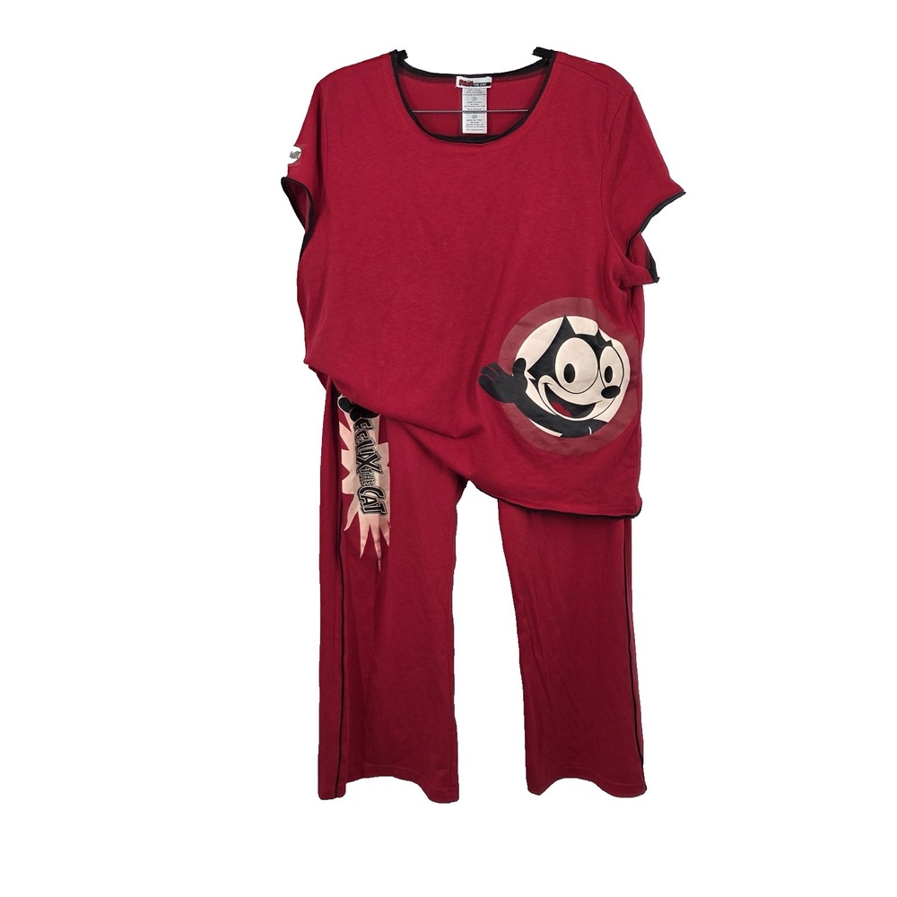 VTG Felix The Cat Red Black White Fun Shirt Top Pant Pajama Lounge Set Pant 2X